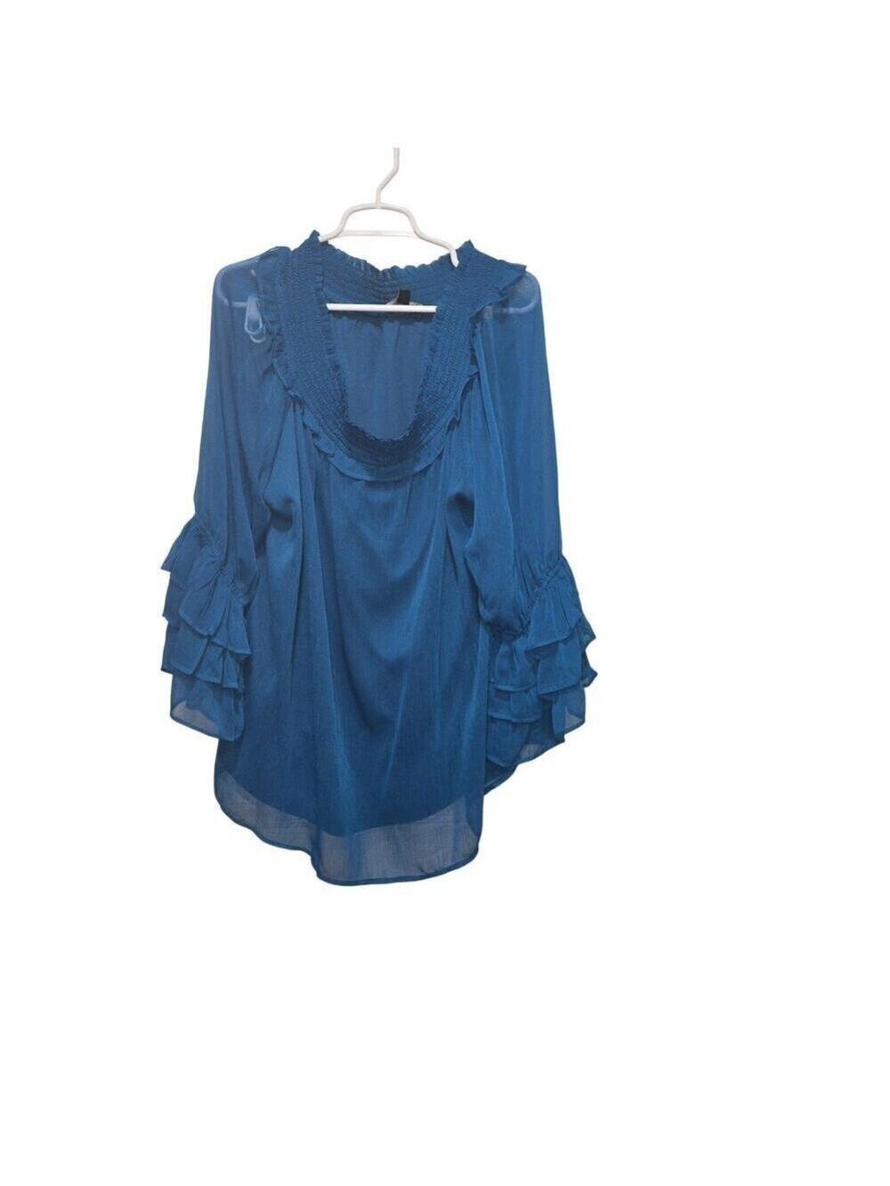 ANTTHONY Original 2X Blue Chiffon Ruffle Bell Sleeve Tunic Blouse